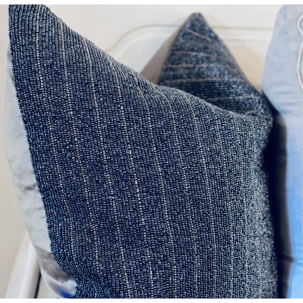 SAATVIK Blue & Bronze Hand-Beaded Feather Fill Throw Pillow - Retail $115